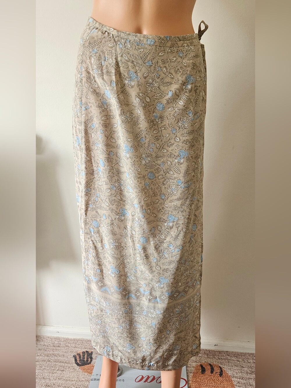 Vintage Y2k Silk The Limited Beige Floral Wrap Maxi Skirt with Blue Accents